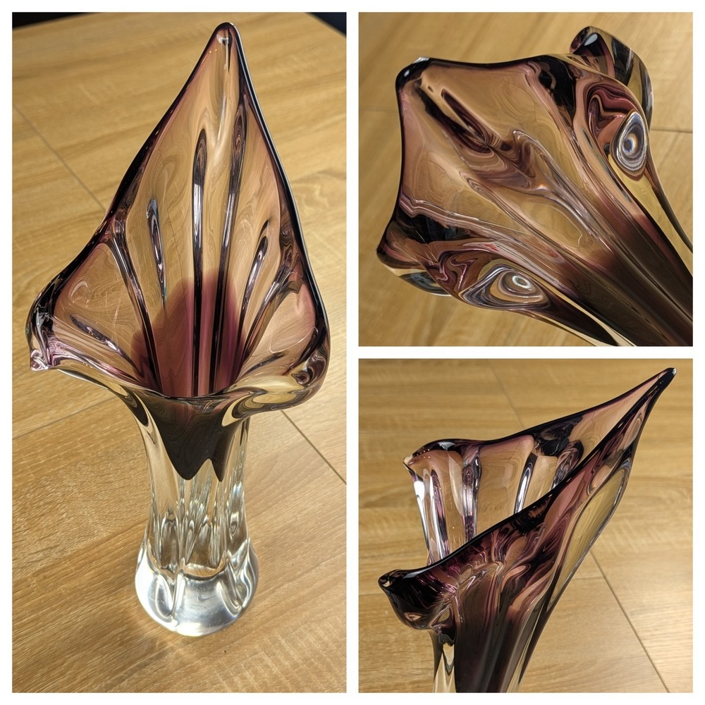 Vtg Chribska Czech Amethyst Art Glass Vase Flared Swung Finger Calla Lily 15"